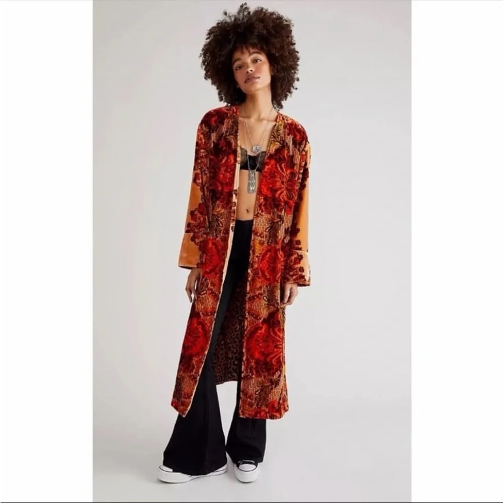 Free People Mirabella Velvet Printed Duster | Boho Festival Kimono Statement M/L - Picture 11 of 12
